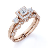 3 Stone Cathedral Modern Art Deco 1 ct TDW Princess Cut Diamond Milgrain Bridal Set - Wedding Set - 10K White Gold