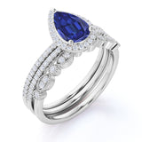 Art Deco 2.25 Ct Pear Cut Lab Sapphire Bridal Set