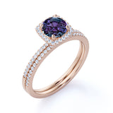 Simple Four Prong 1.75 Carat Round Cut Created Alexandrite and Diamond Halo Pave Bridal Set Rings for Women
