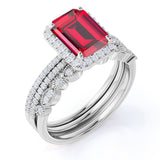 Pave Set 2.50 Carat Emerald Cut Lab Ruby and Diamond Halo Trio Wedding Set with Art Deco Band in White Gold