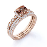 Halo 2 ct Cushion Morganite Vintage Trio Wedding Ring Set