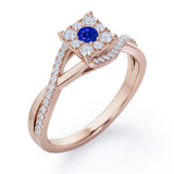Semi Twisted Infinity 0.9 Carat Round Shape Blue Sapphire and diamond Square Floral Cluster in White Gold