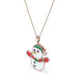 Christmas Snowman Diamond Enamel Pendant Necklace in 18K White Gold Plating over Silver