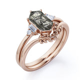 Floral 1.15 ct Hexagon Black Rutilated Quartz Five Stone Bridal Set