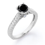 Solitaire 1 Carat Round Cut Black Diamond Four Prong Antique Art Deco Engagement Ring In White Gold