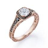 Double Prong Cluster - 1.4 TCW Round Moissanite with Lab Created Black Diamond - Filigree Pave Channel Engagement Ring in Rose Gold