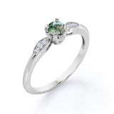 Prong Basket 1.25 Carat Round Cut Solid Druzy Moss Green Agate and Diamond Pave Milgrain Engagement Ring