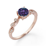 Simple Solitaire 1.25 Carat Round Cut Simulated Purple Alexandrite and Diamond Milgrain Art Deco in White Gold for Her