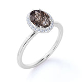 Modern Solitaire 1.25 Carat Oval Cut Natural Druzy Black Brown Rutilated Quartz and Diamond Halo Engagement Ring