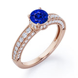 Classic Four Prong 1.45 Carat Round Cut Lab-Created Sapphire And Diamond Vintage Milgrain Engagement Ring In Rose Gold