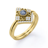 Solitaire 0.75 Carat Round Black Rutilated Quartz and Diamond Bezel Set Filigree Wedding Ring Sets