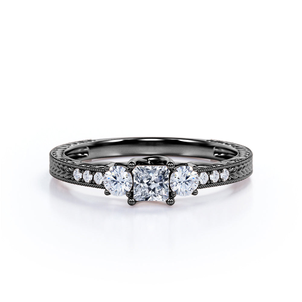 1 carat princess cut Moissanite and diamond vintage milgrain engagement ring in white gold