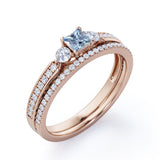 1.15 Carat Princess Cut Aquamarine And Diamond Channel Wedding Ring Set In White Gold