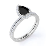 Antique Vintage 1.75 Carat Pear cut Lab Black Diamond Halo Wedding Ring Set for Women in White Gold