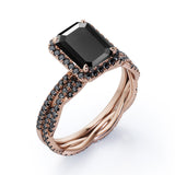 Crossover with Pave Accents - 1.75 TCW Emerald Cut Lab Created Black Diamond - Halo Bridal Ring Set in White Gold