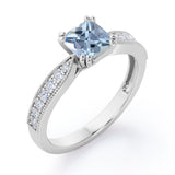 Beaded Eight Prongs 1.25 Carat Cushion Cut Aquamarine And Diamond Antique Milgrain Engagement Ring In Rose Gold