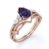 1.40 Ct Tear Drop Lab Alexandrite V Shaped Bridal Set