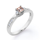 Double Curved Line Milgrain 0.55 carat Princess Morganite and Moissanite Dainty Engagement Ring in Rose Gold