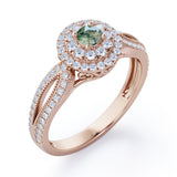 Double Halo Cluster 1.8 Carat Round-Shaped Green Moss Agate and diamond Split-Shaked Milgrain Pave Engagement Ring in Rose Gold