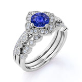 2 Carat Round Cut Halo Sapphire and Diamond Trio Wedding Ring Set in 10k White Gold