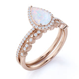 Vintage 1.75 ct Halo Pear Shaped Fire Opal and Moissanite Wedding Ring Set in 18K Rose Gold over Silver