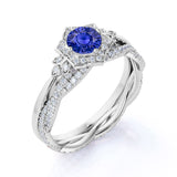 Vintage Floral Halo Cluster 2 Carat Round Cut Sapphire and Diamond Bridal Set with Infinity Band in White Gold