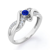 Distorted Unique Twisted Rope 0.6 carat Round Blue Sapphire and Moissanites Promise Ring in White Gold