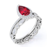 Eternity Pave Set 2 Carat Pear Cut Lab Ruby and Diamond Halo Wedding Ring Set in White Gold