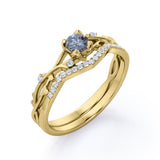 Twig Crossover 0.75 Carat Round Cut Dendritic Rutilated Quartz and Diamond Pave Bridal Set Rings