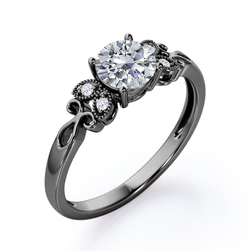 Tiny Butterfly 0.5 carat Round Moissanite and Diamond Vintage Engagement Ring in Rose Gold