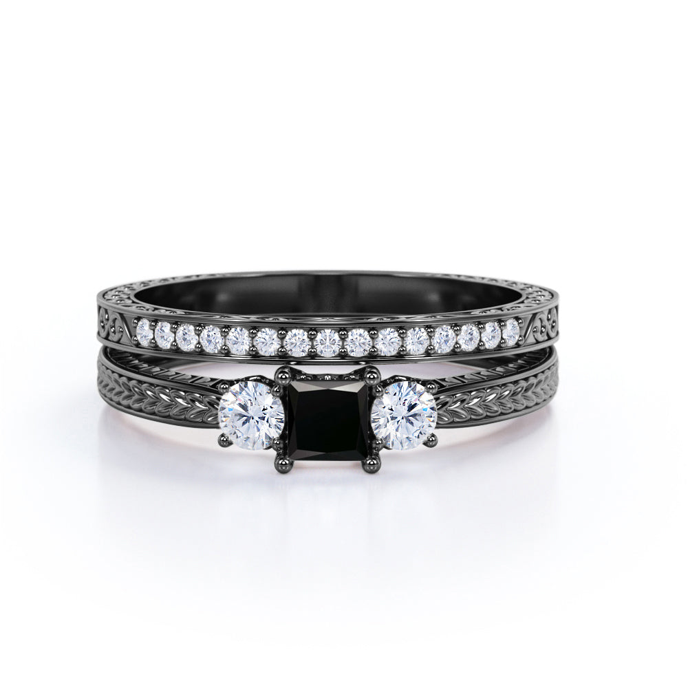 1.25 carat princess cut Black Diamond three stone filigree wedding ring set in white gold