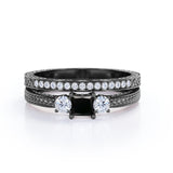 1.25 carat princess cut Black Diamond three stone filigree wedding ring set in white gold