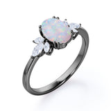 Leaf Design Eight Prongs 1.40 Carat Oval Cut Precious Fire Opal And Cubic Seven Stone Engagement Ring In Black Gold