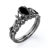 1.25 ct Oval Lab Black Diamond Vintage Leaf Bridal Set