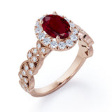 Milgrain Leaf 0.9 carat Oval Lab Ruby and Diamonds Nature-Inspired Engagement Ring in White Gold