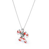 Christmas Candy Cane Diamond Enamel Pendant Necklace in 18K White Gold Plating over Silver