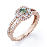 Double Halo 1.55 Carat Round Cut Green Moss Agate And Diamond Split Shank Engagement Ring In White Gold