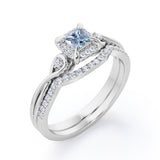 Cushion Halo Prong - 0.85 TCW Princess Cut Aquamarine and Moissanite - Infinity Split Shank Wedding Ring Set -  Rose Gold