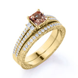 Limited Time Sale: 2 Carat Princess cut Morganite and Diamond Halo Art Deco Wedding Ring Set in Yellow Gold