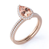Classic 1.5 Carat Pear Cut  Peach Morganite and Diamond Bridal Set with Matching Wedding Band in 10k Rose Gold