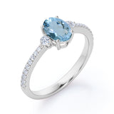 Simple 3 Stone 1.75 Carat Oval Cut Natural Deep Blue Aquamarine and Diamond Semi Eternity Pave Engagement Ring in Rose Gold for Her