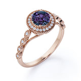 Beaded Vintage 1.40 Carat Round Cut Lab Created Alexandrite And Diamond Halo Engagement Ring In White Gold