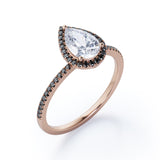 Halo Design 1.45 TCW Pear Cut Moissanite with Lab Created Black Diamond Scalloped Pave Engagement Ring in Rose Gold