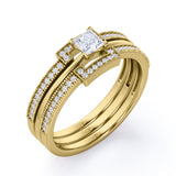 Bead décor 1 carat Square Moissanite and Diamond Solitaire Trio Wedding Ring Set For Her in White Gold