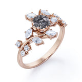 Floral Nature-Inspired 1 Carat Round Cut Solid Dendritic Black Rutilated Quartz and Diamond Unusual Engagement Ring for Women