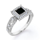 Art Deco Beaded 1.35 Carat Princess Cut Black Diamond Halo Engagement Ring In White Gold