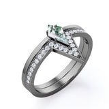 Modern 0.75 carat Kite Shaped Moss Agate and Moissanite Bridal Ring Set in White Gold