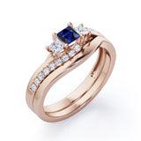 3 Stone Shared Prong - 1 TCW Princess Cut Blue Sapphire and Moissanite - Pave Curved Shank Wedding Set - Rose Gold