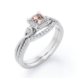 Cushion Halo Prong - 0.85 TCW Princess Cut Morganite and Moissanite - Infinity Split Shank Wedding Ring Set -  White Gold