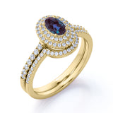 Unique Double Halo 2 Carat Oval Cut Artificial Blue Alexandrite with Diamond Semi Eternity Band Wedding Ring Sets in Rose Gold for Her